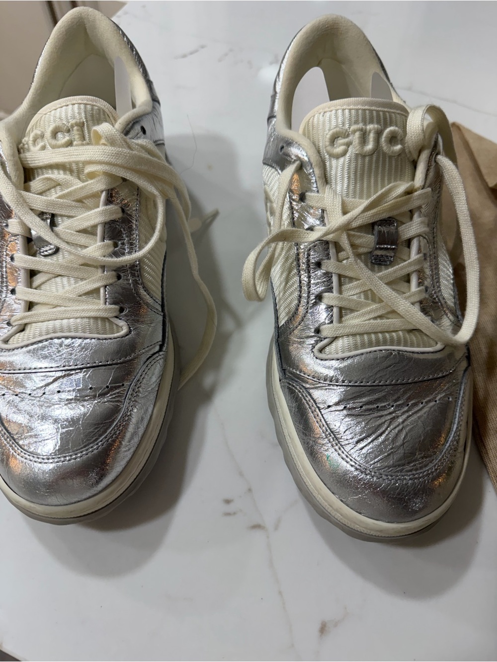 Gucci Kids Metallic Silver Lace-Up Sneakers